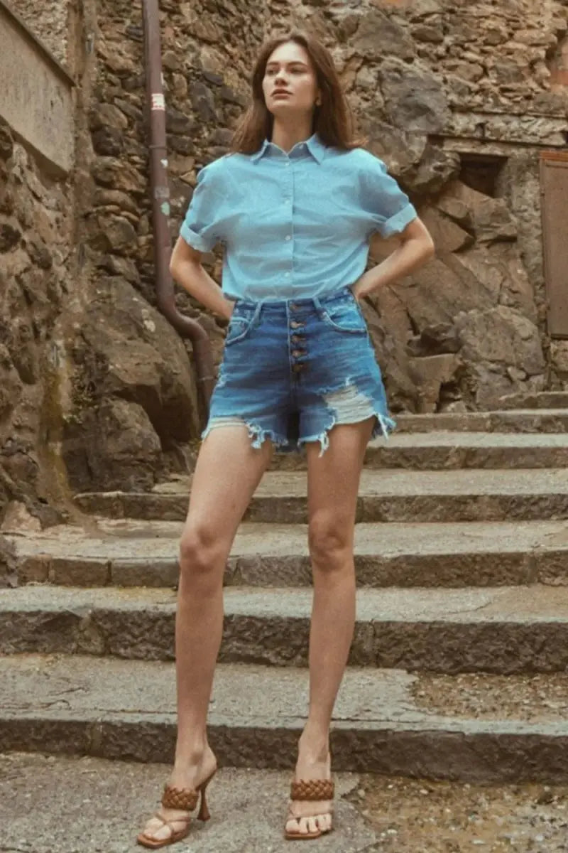 Kancan Distressed Button-Fly High Waist Denim Shorts for Women - Love Salve